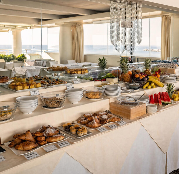 Buffet della colazione panoramica con vista mare